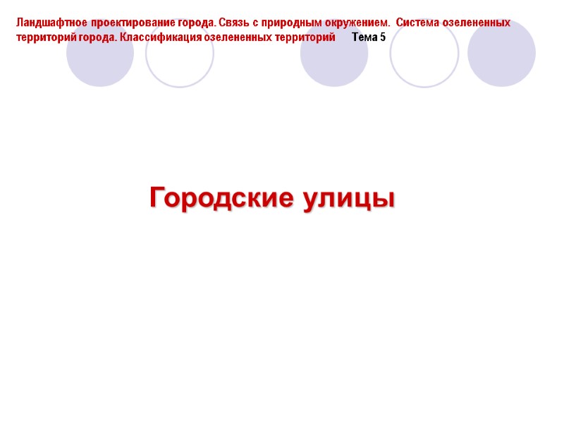 Городские улицы Ландшафтное проектирование города. Связь с природным окружением.  Система озелененных территорий города.